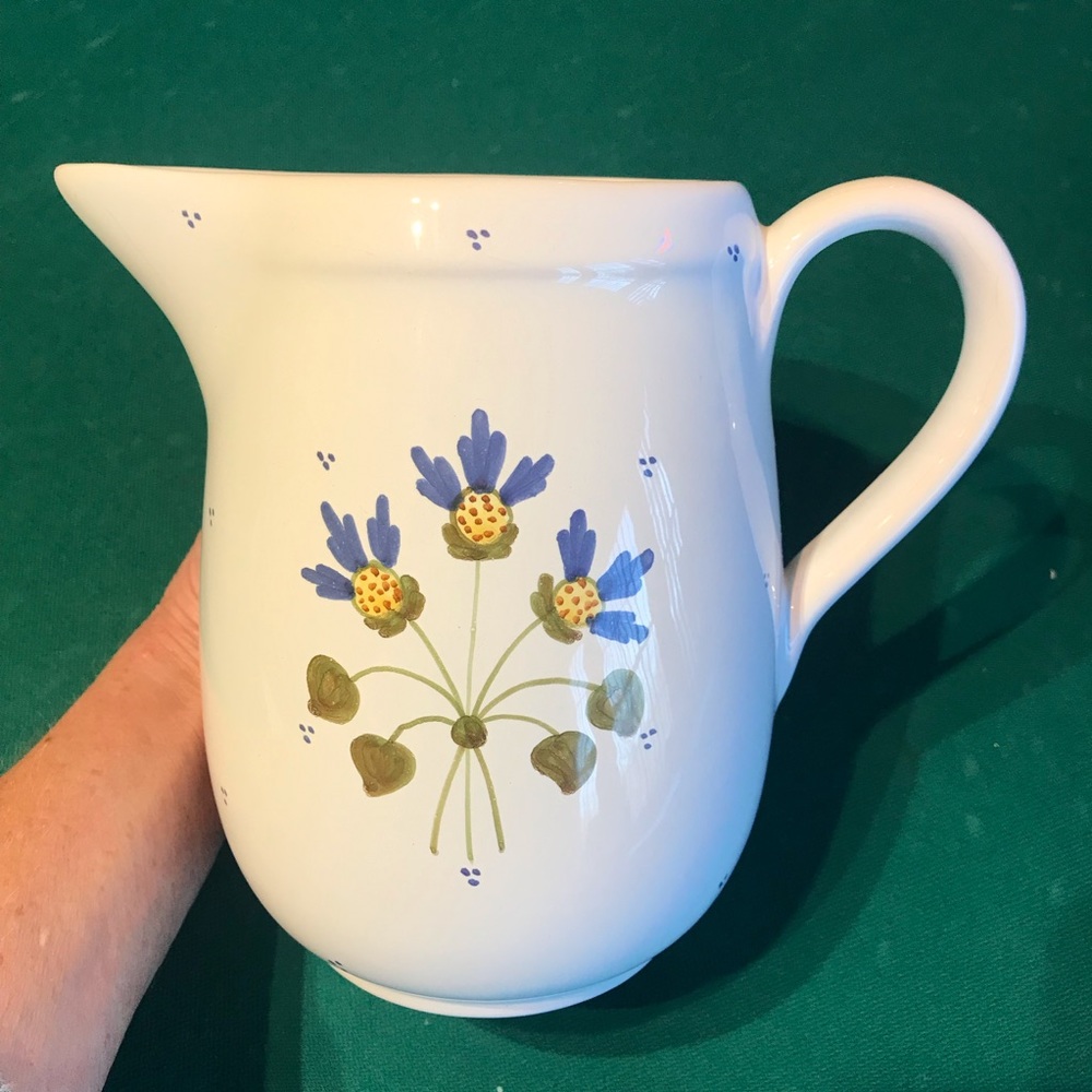 Beautiful Italian made ceramic pitcher w/petite blue flower design, 7 1/2”tall